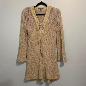 EUC Tommy Bahama Crochet Lace Up Long Sleeve Mini Dress Beige M